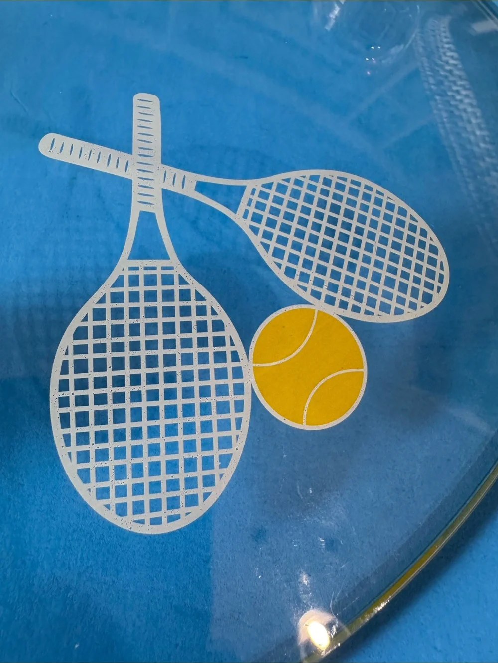 vintage clear glass serving platter featuring frosted tennis racket motifs